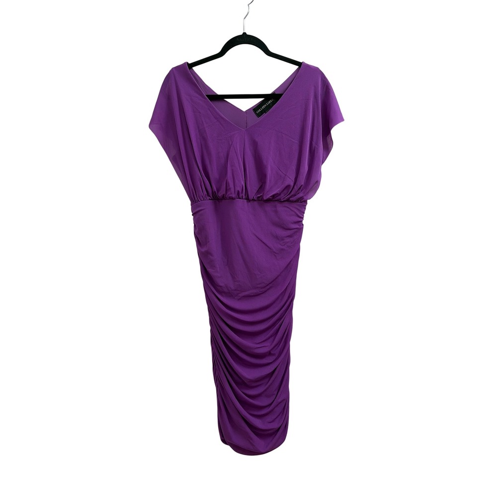 Colleen Lopez Purple Ruched Bodycon‎ Midi Dress V-Neck Flutter Sleeve Womens M